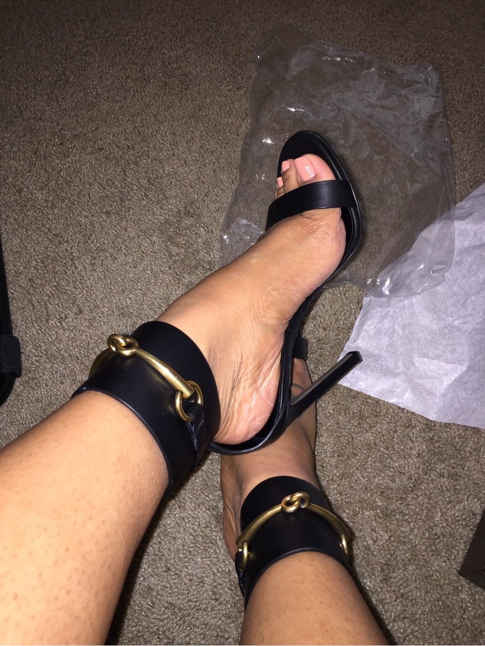 Black Ankle-Cuff Stiletto Sandals with Gold Hardware